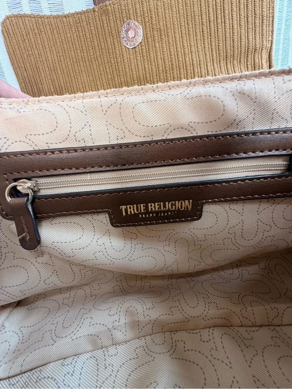 True Religion Brown Corduroy Horseshoe Flap Bag